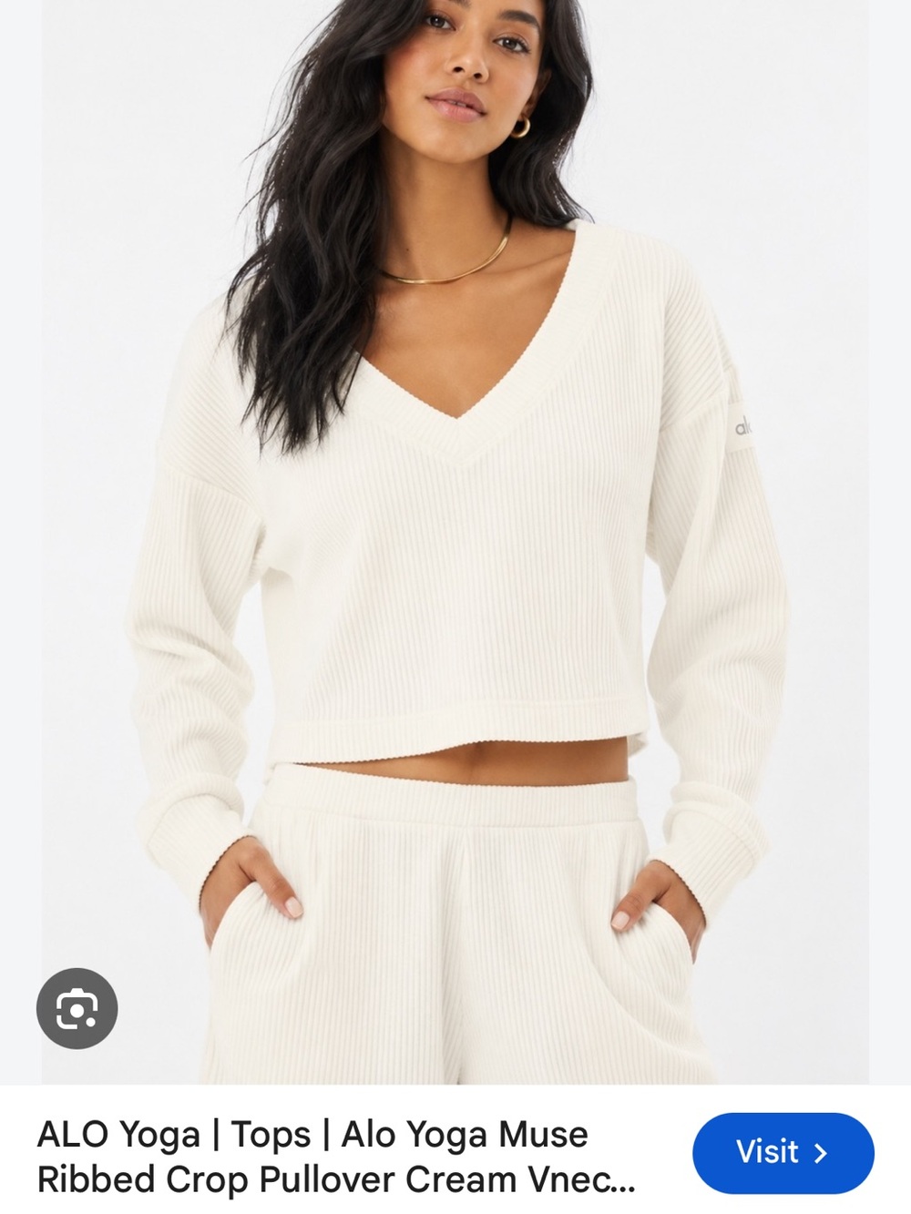 ALO Yoga Muse Cream Ribbed V-Neck Cropped Pullover— one size fits many